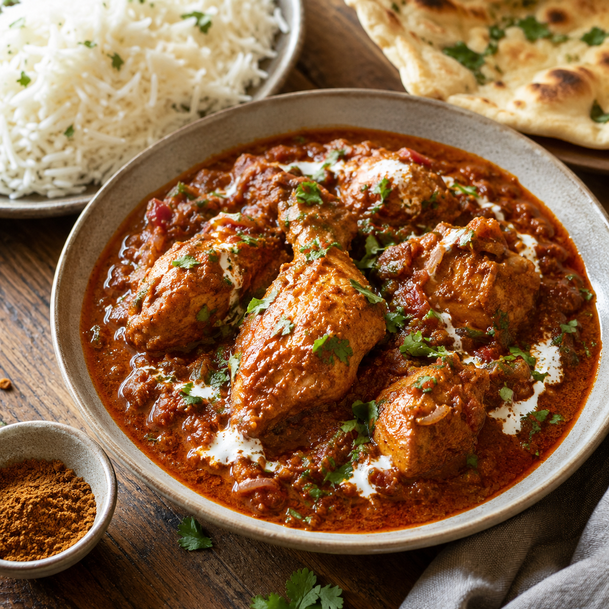 Chicken garam masala curry with caramelized onion and tomato gravy, cilantro, basmati rice and naan