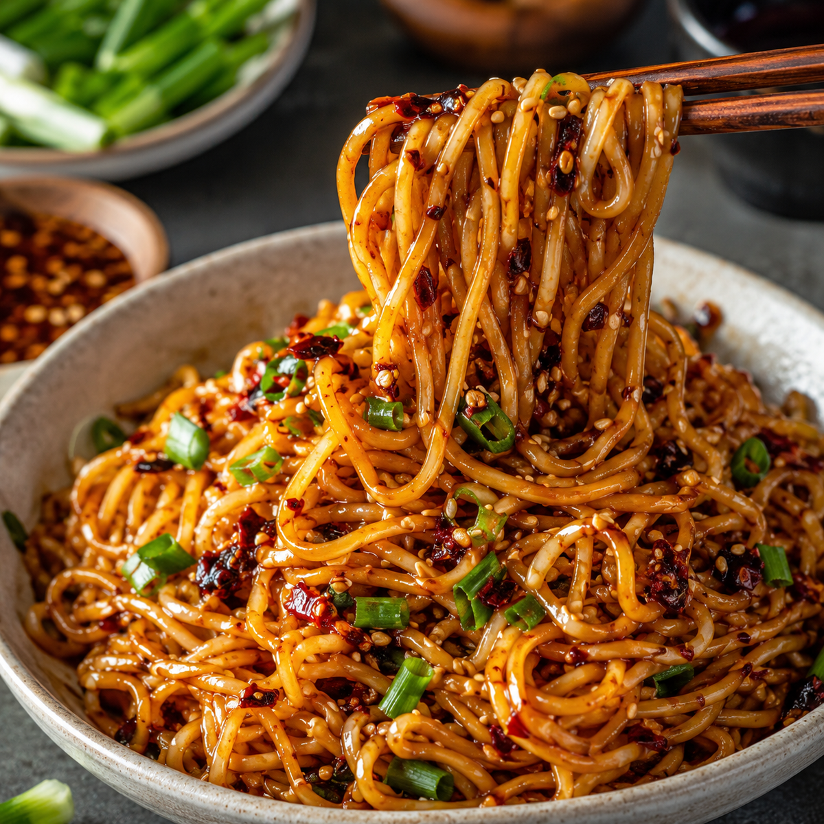 Noodles tossed with chili crisp seasoning, sesame and scallions