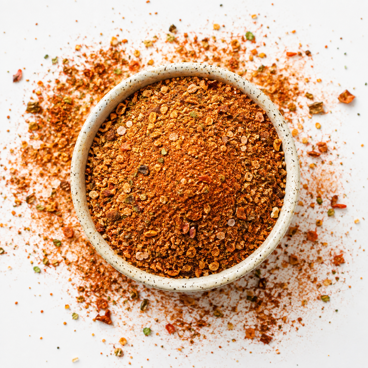 Chili Lime Seasoning in a bowl with visible chile, citrus and coarse seasoning texture