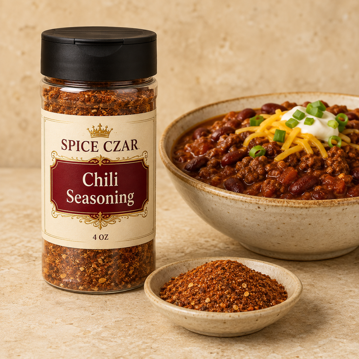 Spice Czar Chili Seasoning 4 oz shaker with red-brown spice and a bowl of beef and bean chili