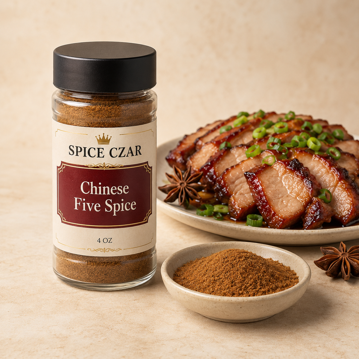 Spice Czar Chinese Five Spice 4 oz shaker with warm brown spice and char siu pork