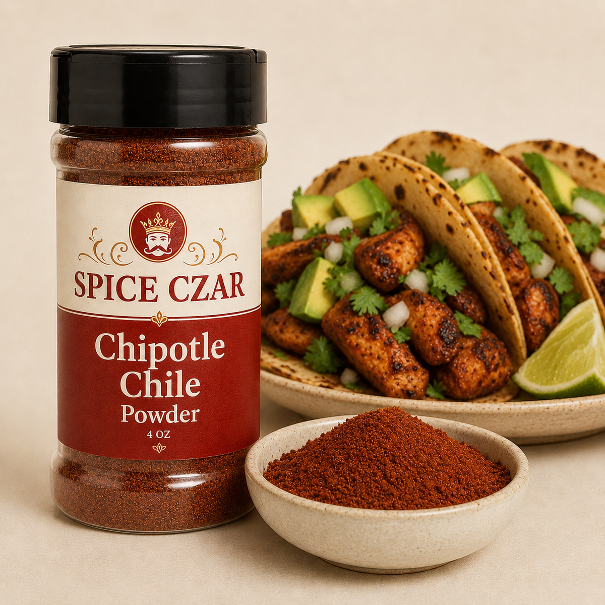Chipotle Chile Powder 4 oz Spice Czar shaker with visible seasoning and serving suggestion