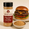 Chop House Burger Seasoning 4 oz Spice Czar shaker with visible seasoning and serving suggestion