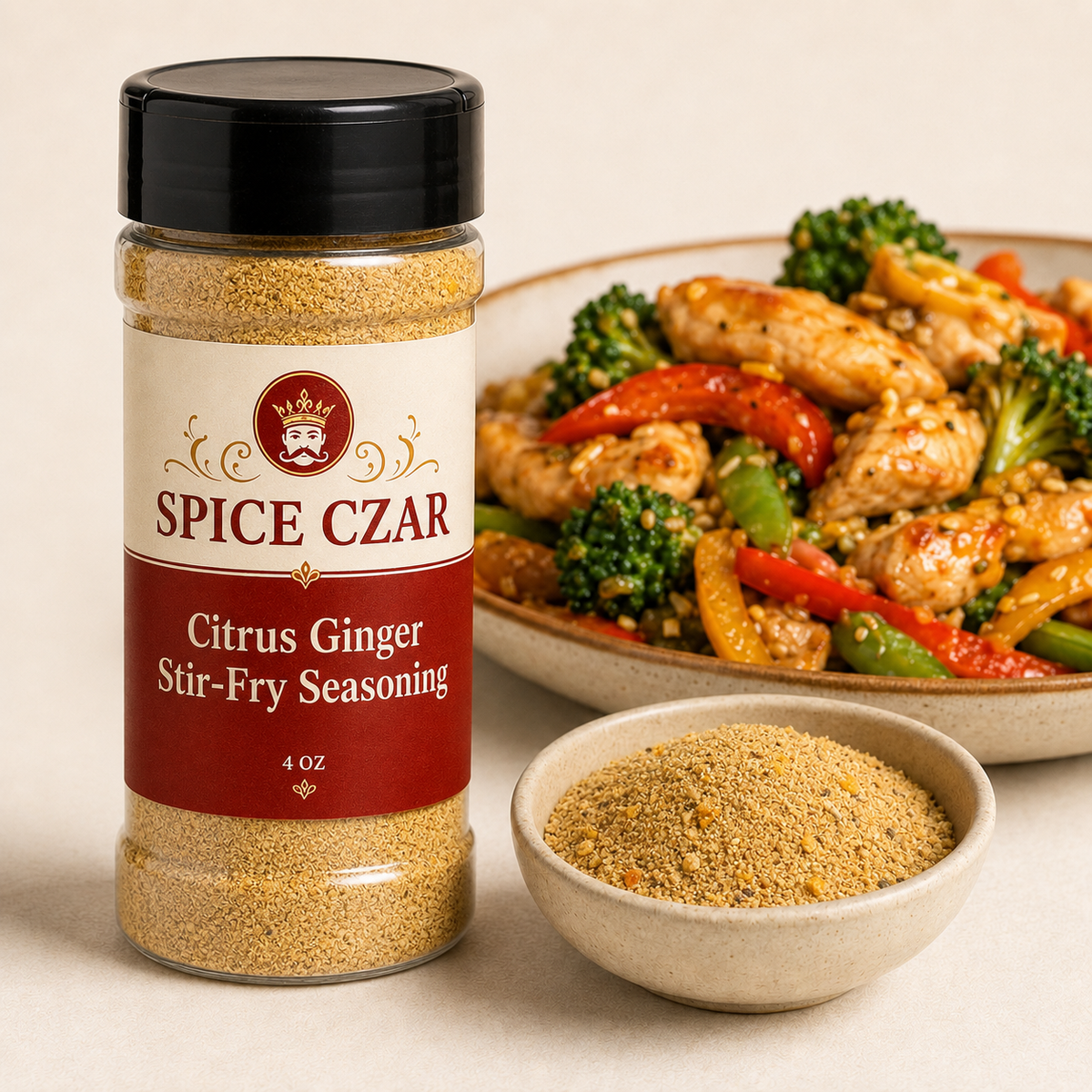 Citrus Ginger Stir-Fry Seasoning 4 oz Spice Czar shaker with visible seasoning and serving suggestion