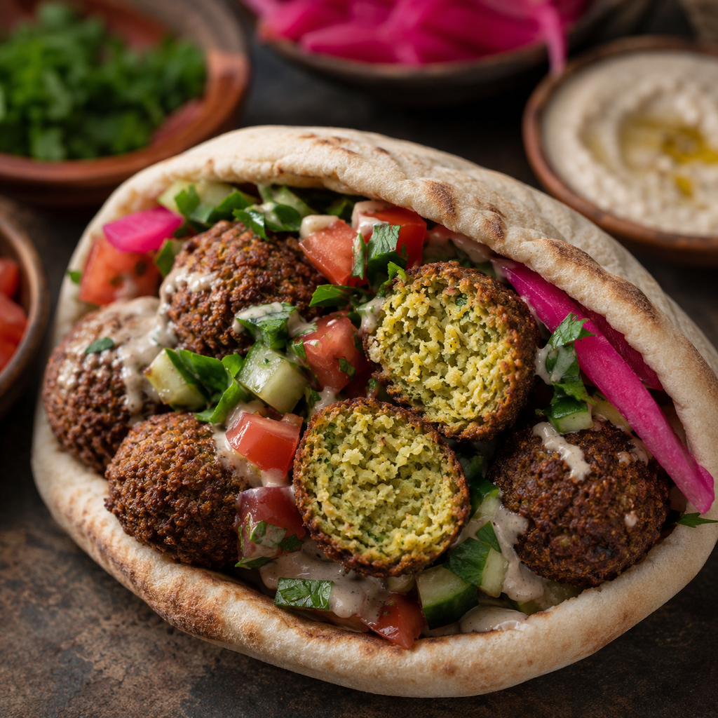 Classic golden chickpea falafel pita with tahini, tomato, cucumber, parsley and pickled turnip
