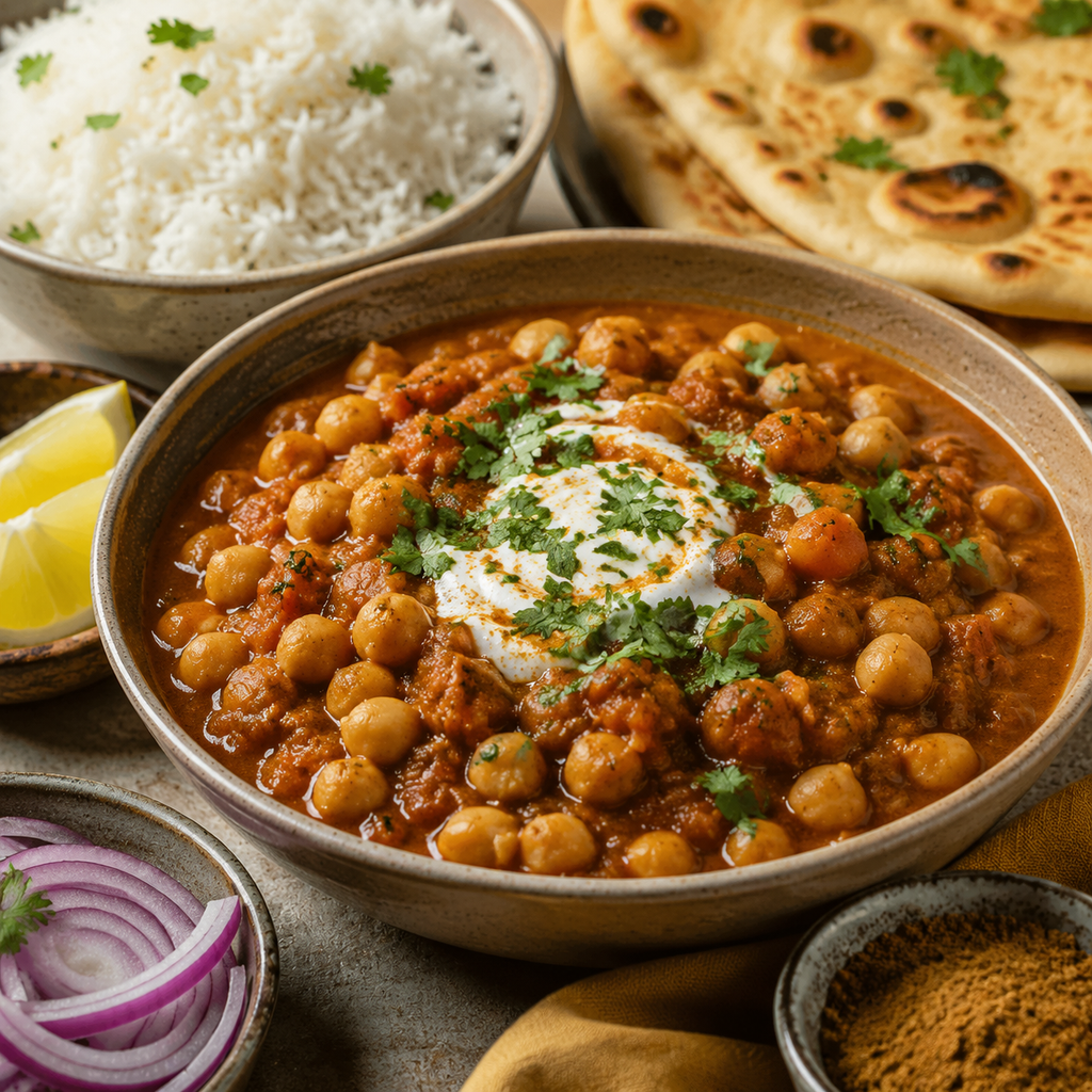 Classic garam masala chana masala with basmati rice, naan, cilantro, yogurt, lemon and red onion