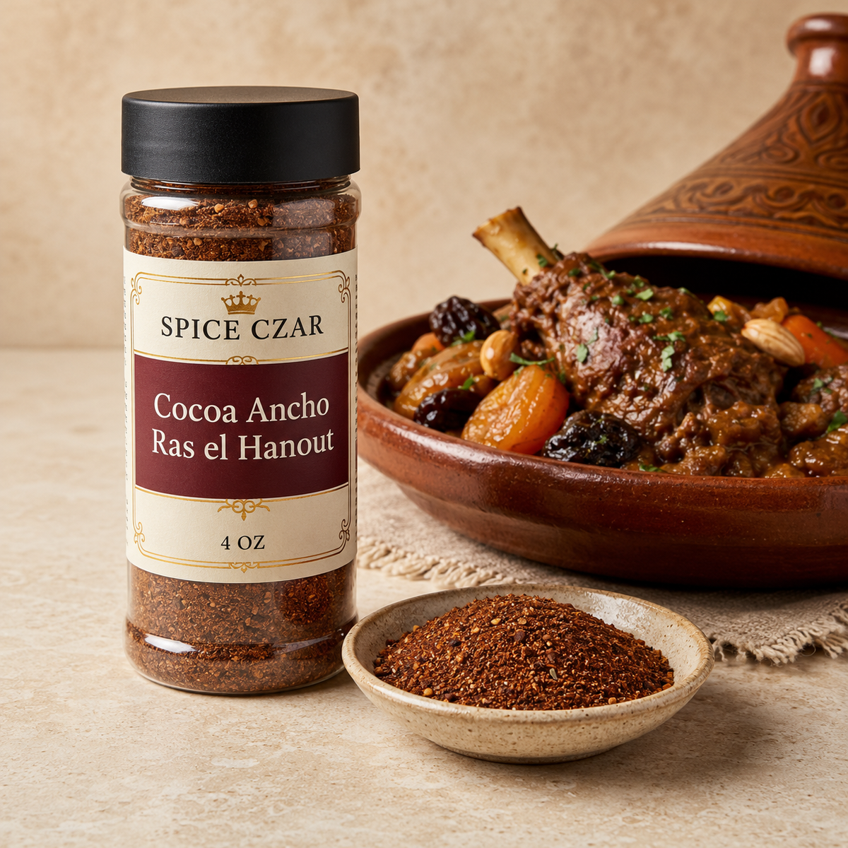 Spice Czar Cocoa Ancho Ras el Hanout 4 oz shaker with dark spice and lamb tagine