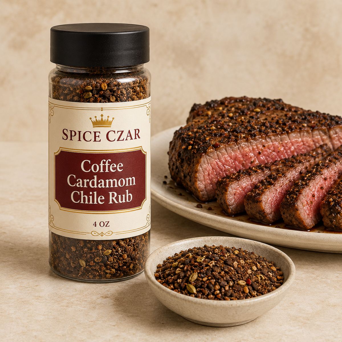 Spice Czar Coffee Cardamom Chile Rub 4 oz shaker with dark aromatic seasoning and grilled steak
