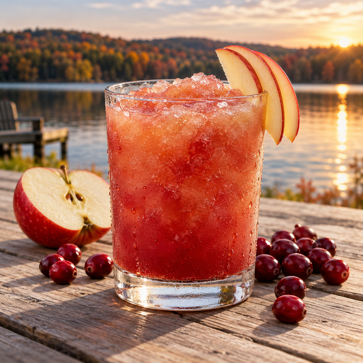 Serving suggestion: Cranberry Apple Cider slushy with complementary fruit and autumn lake scenery.