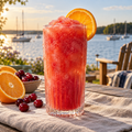 Serving suggestion: Cranberry Orange Spritz slushy with complementary fruit and a lake or moored-boat setting.