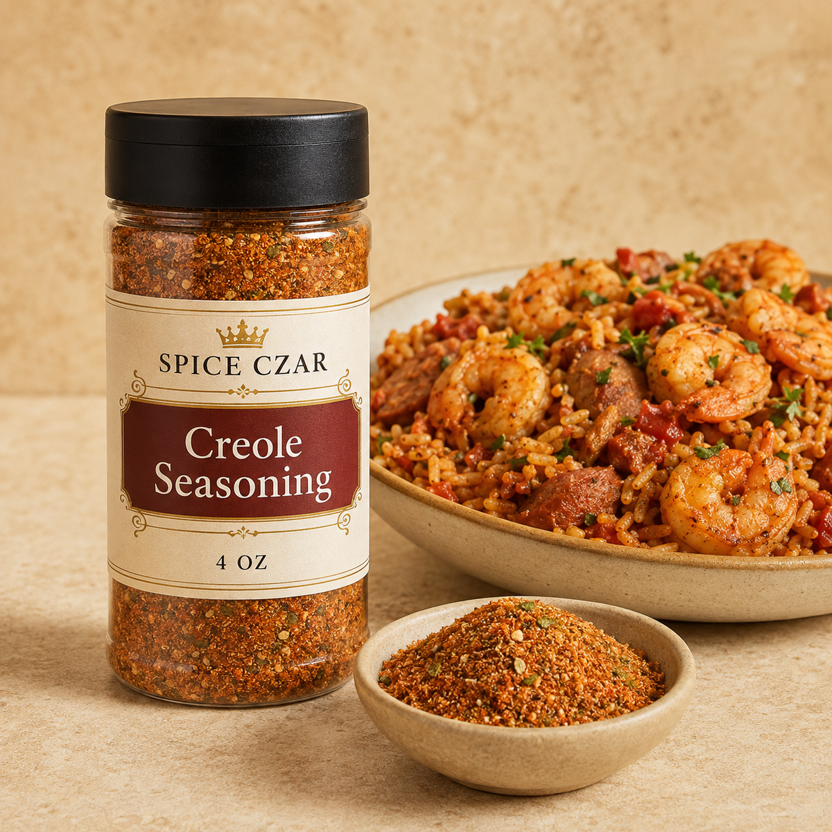 Spice Czar Creole Seasoning 4 oz shaker with paprika-herb spice and shrimp jambalaya