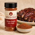 Deep South Dry Rub 4 oz Spice Czar shaker with visible seasoning and serving suggestion