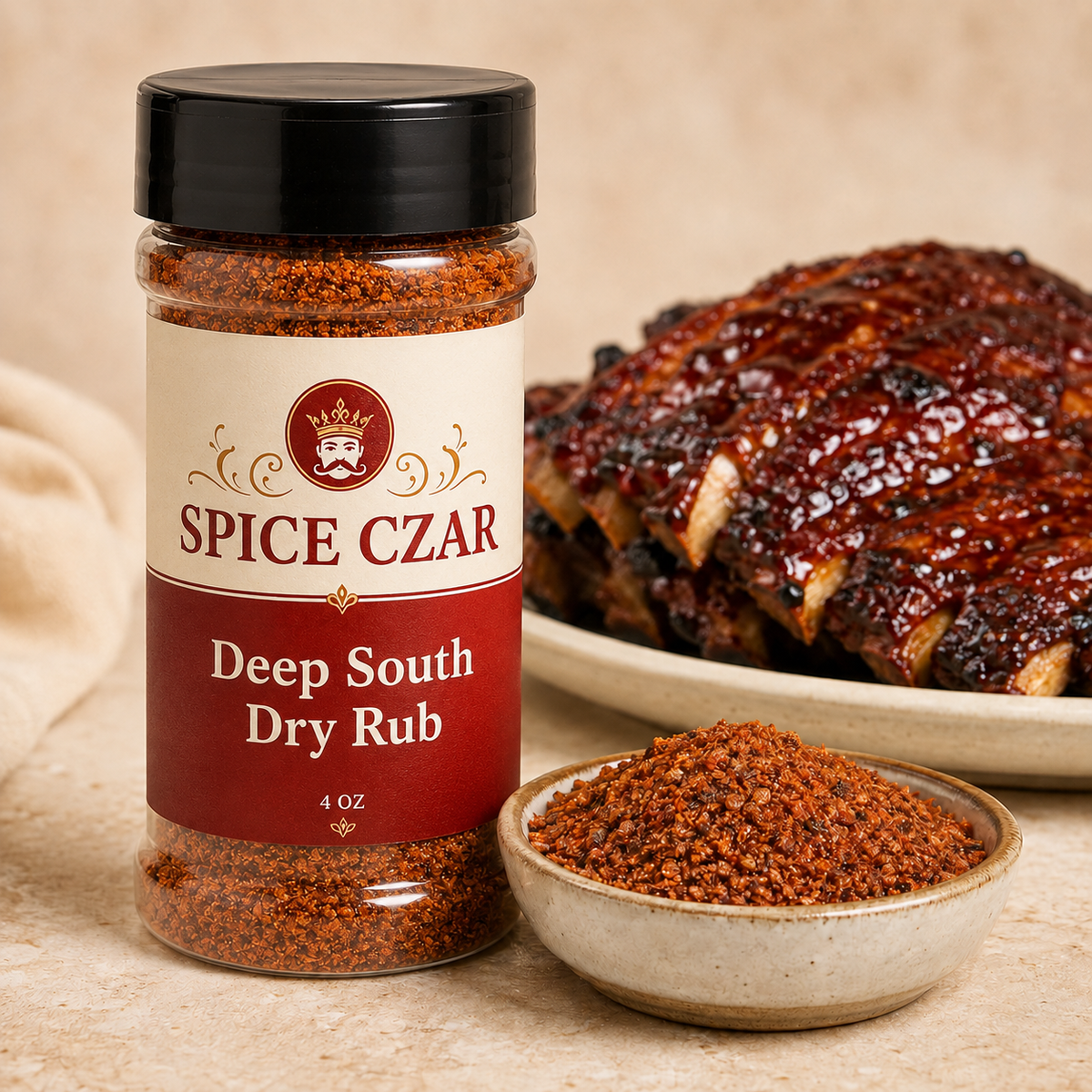 Deep South Dry Rub 4 oz Spice Czar shaker with visible seasoning and serving suggestion
