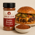 Diablo Burger Seasoning 4 oz Spice Czar shaker with visible seasoning and serving suggestion