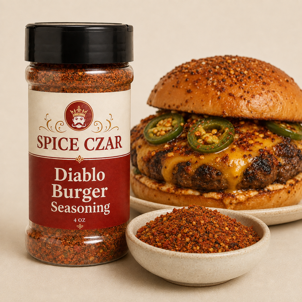 Diablo Burger Seasoning 4 oz Spice Czar shaker with visible seasoning and serving suggestion