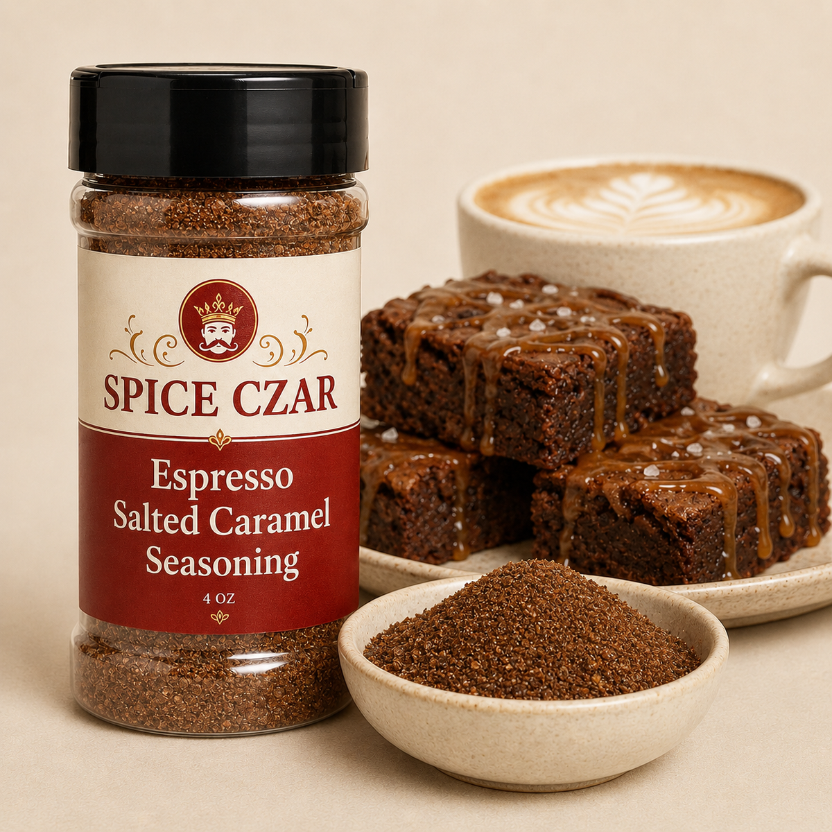 Espresso Salted Caramel Seasoning 4 oz Spice Czar shaker with visible seasoning and serving suggestion