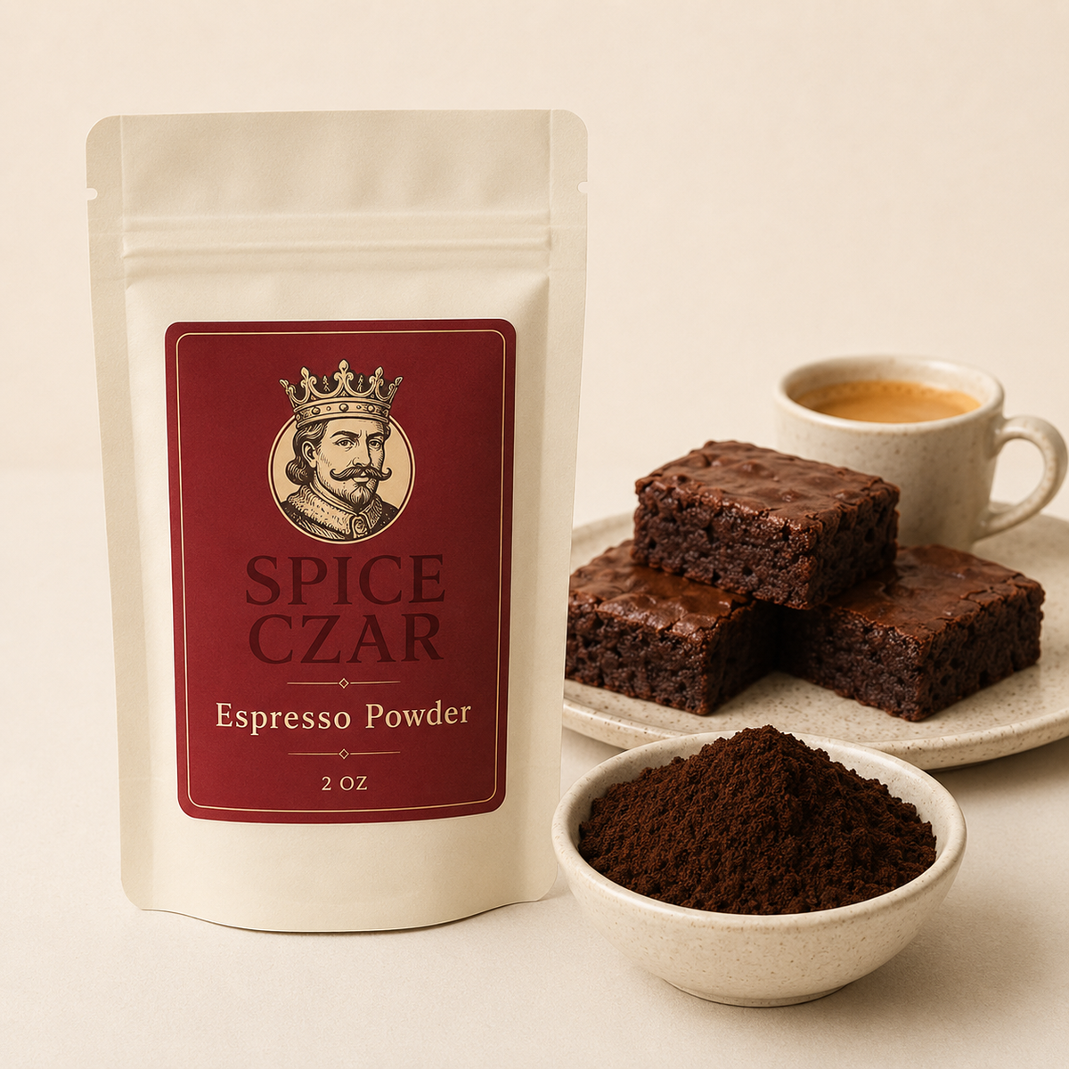 Espresso Powder 2 oz pouch with visible espresso powder and brownie serving suggestion