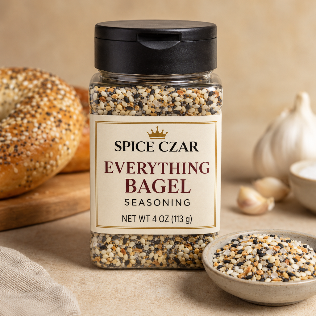 Spice Czar Everything Bagel Seasoning in a labeled 4-ounce clear shaker showing sesame, poppy, garlic, onion and salt