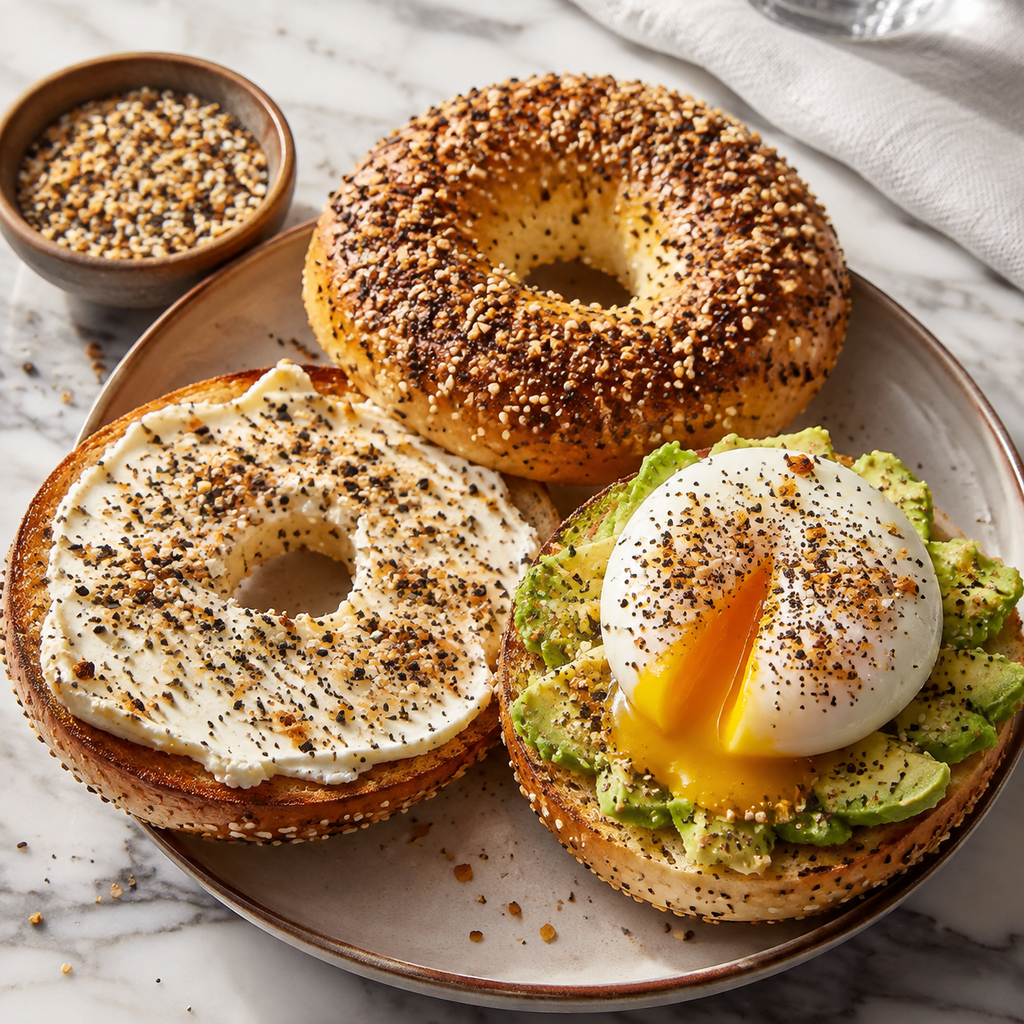 Everything bagel with cream cheese and avocado egg toast seasoned with sesame, poppy, garlic and onion