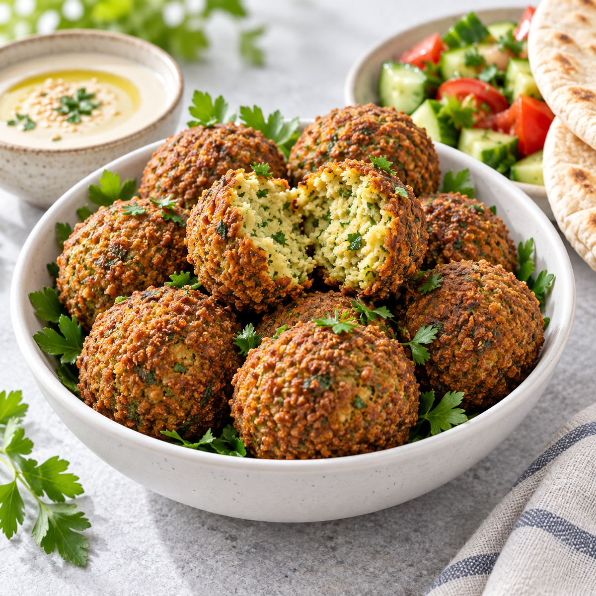 Serving illustration: crisp chickpea falafel with parsley, tahini and fresh vegetables. Prepared appearance varies.