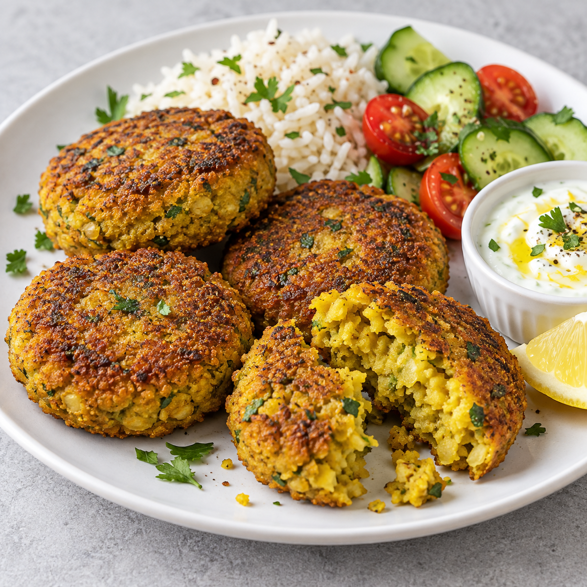 Serving illustration: golden curry-spiced falafel patties with rice and cucumber. Prepared appearance varies.