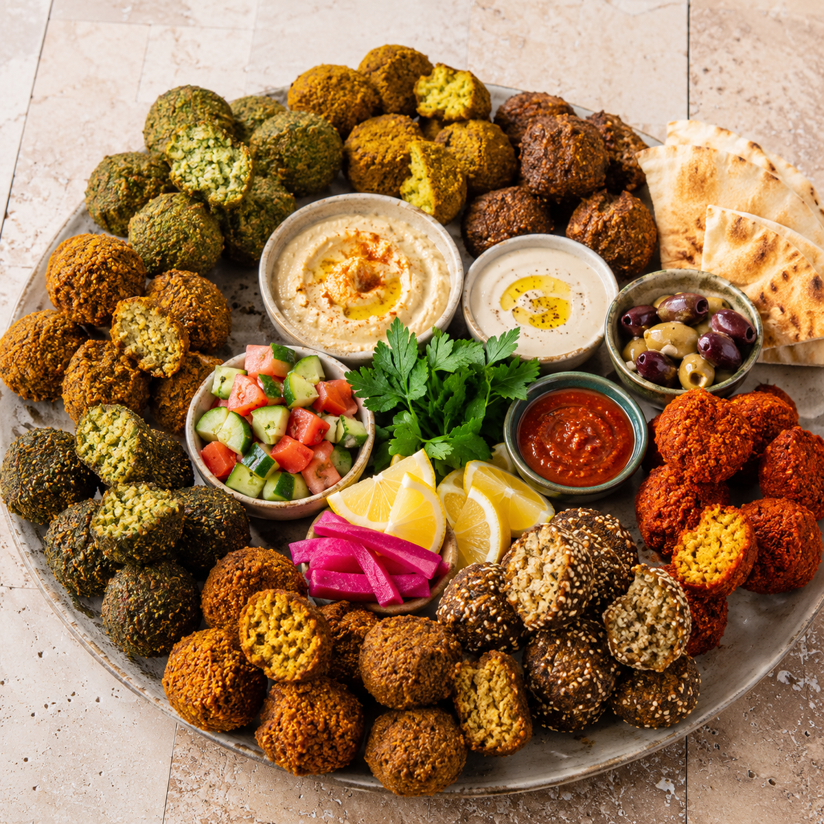 Ten-flavor vegetarian falafel tasting platter with hummus, tahini, harissa, salad, olives, pickled turnips, lemon and pita