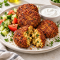 Serving illustration: harissa-style falafel patties with rice, vegetables and a cooling sauce. Prepared appearance varies.