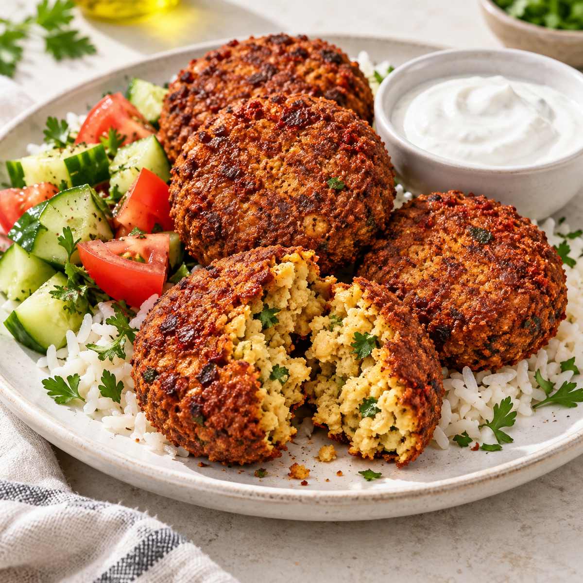 Serving illustration: harissa-style falafel patties with rice, vegetables and a cooling sauce. Prepared appearance varies.