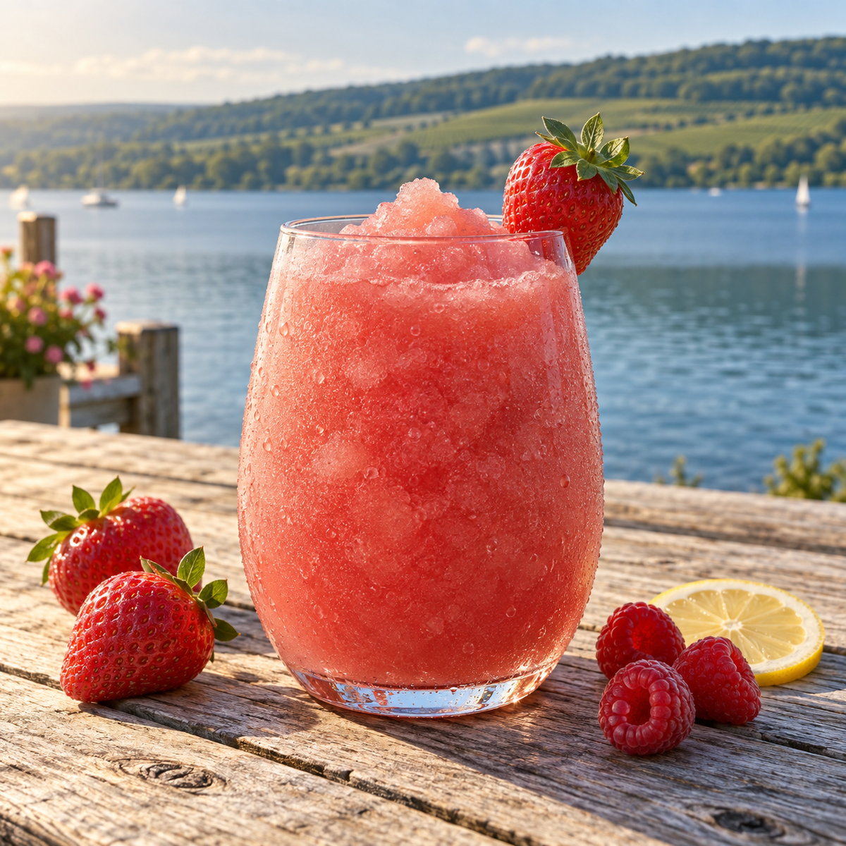 Serving suggestion: pink Finger Lakes Frosé slushy with strawberries, raspberries and lemon on a lakeside dock.