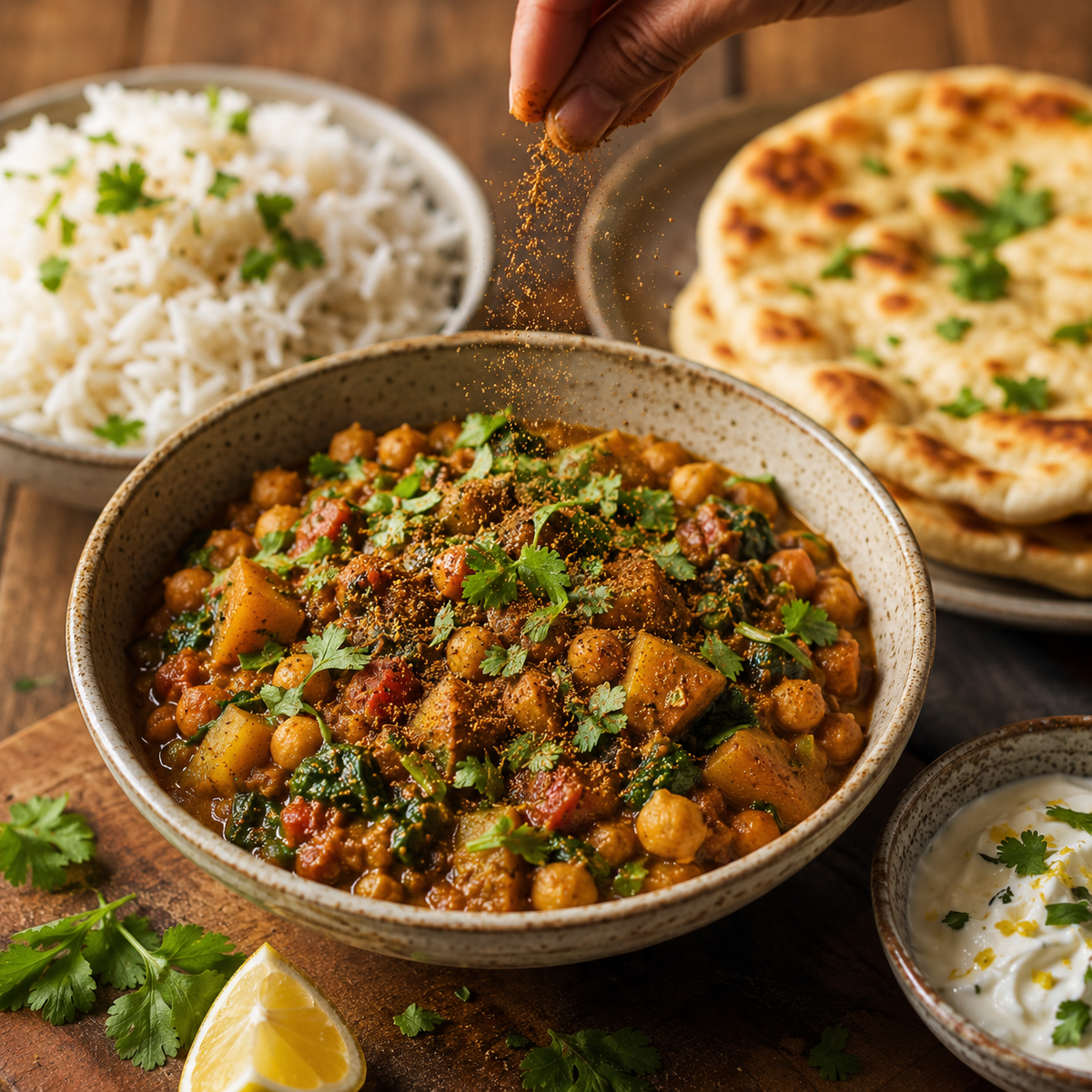 Finishing Garam Masala sprinkled over completed chickpea and vegetable curry with rice, naan and yogurt