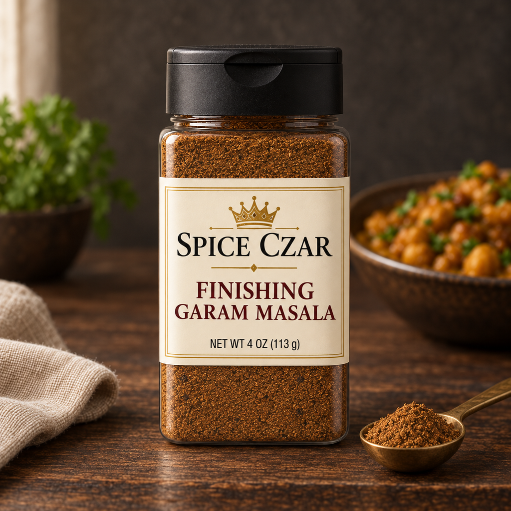 Spice Czar Finishing Garam Masala 4 oz shaker with the ground blend and a serving suggestion