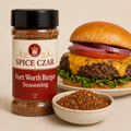 Fort Worth Burger Seasoning 4 oz Spice Czar shaker with visible seasoning and serving suggestion