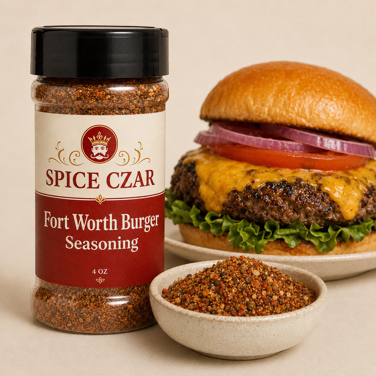 Fort Worth Burger Seasoning 4 oz Spice Czar shaker with visible seasoning and serving suggestion