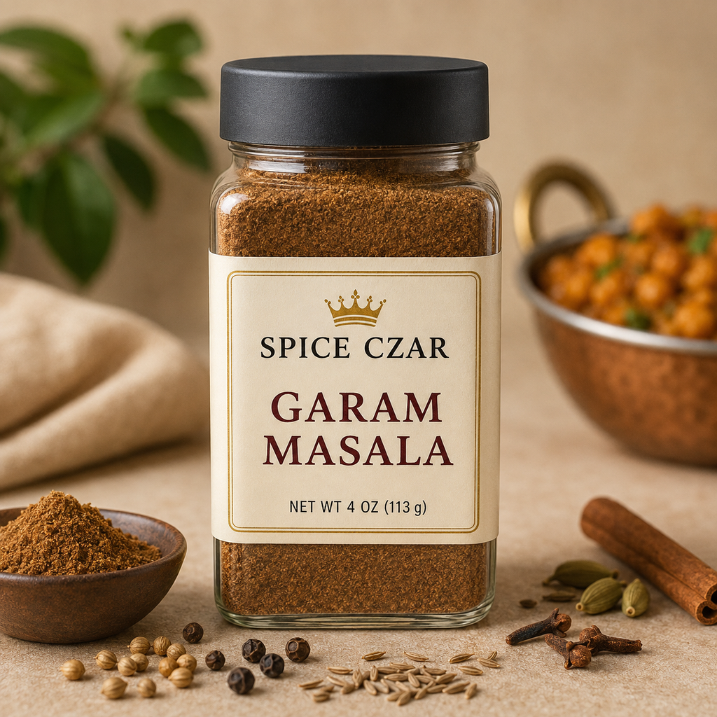 Spice Czar Garam Masala in a labeled 4-ounce clear shaker showing the warm aromatic brown blend