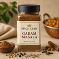 Spice Czar Garam Masala in a labeled 4-ounce clear shaker showing the warm aromatic brown blend