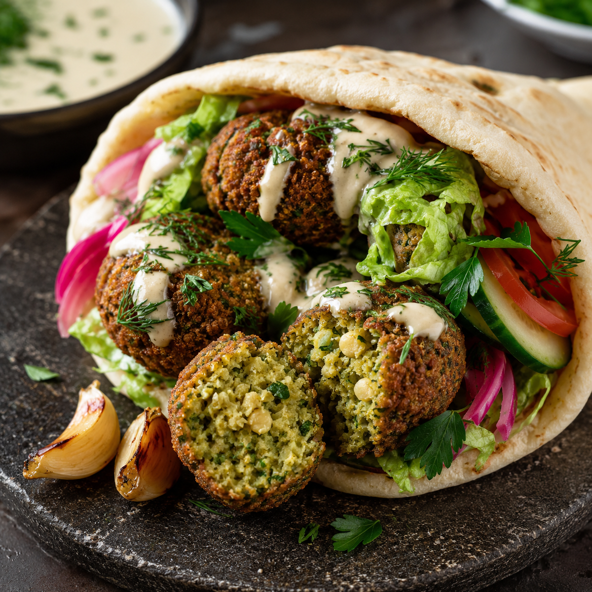 Garlic and herb falafel pita with cucumber, tomato, lettuce, pickled onion and garlic tahini