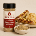 German Bratwurst Seasoning 4 oz Spice Czar shaker with visible seasoning and serving suggestion