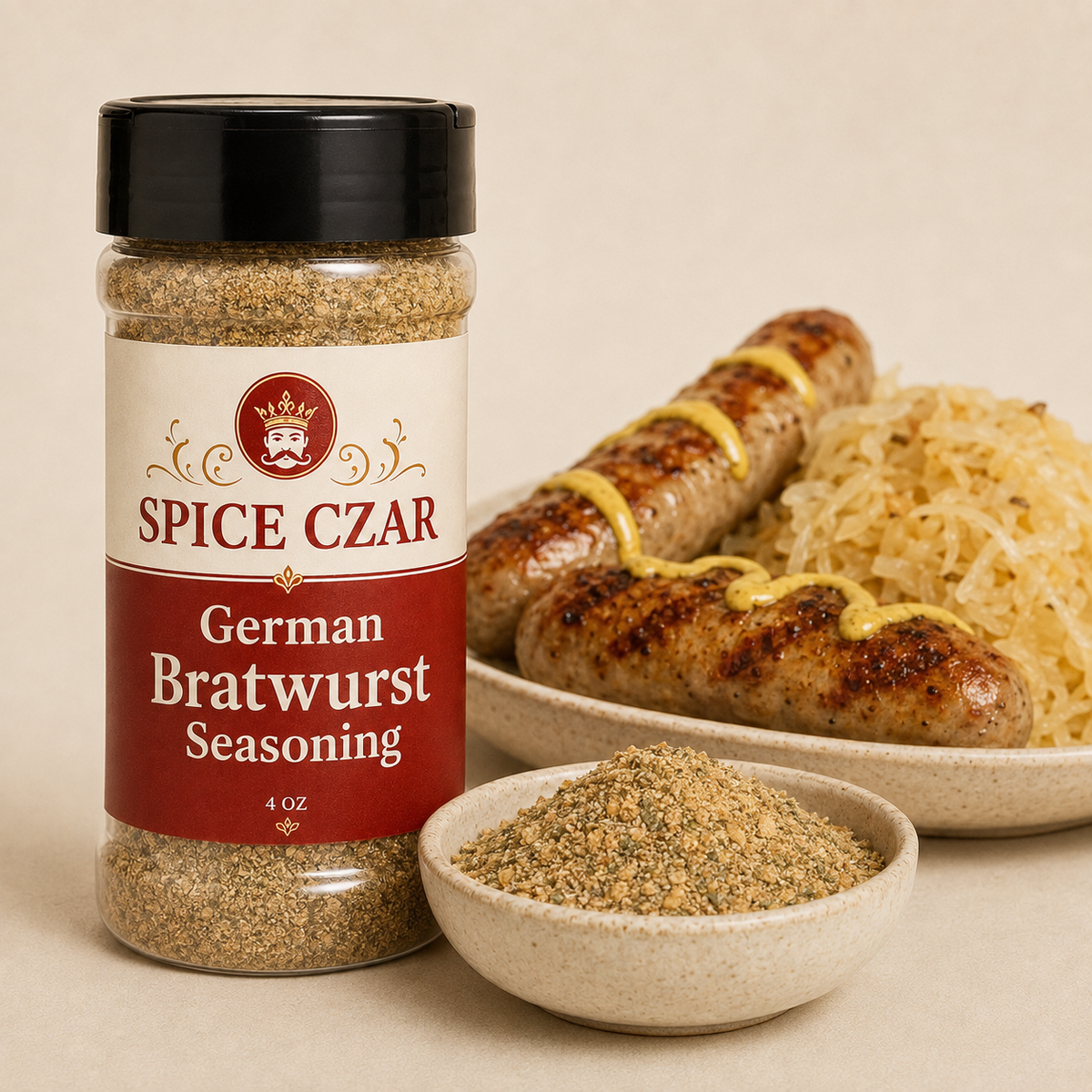 German Bratwurst Seasoning 4 oz Spice Czar shaker with visible seasoning and serving suggestion