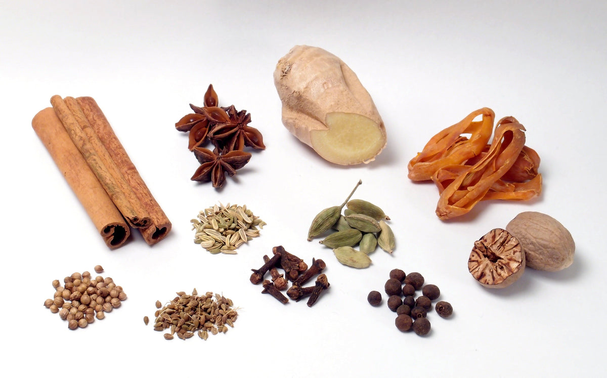 Gingerbread spices representing Spice Czar Gingerbread Spice, whose blend contains ginger, cinnamon, cloves, nutmeg, black pepper and allspice. Photo by SKopp via Wikimedia Commons, CC BY-SA 3.0.