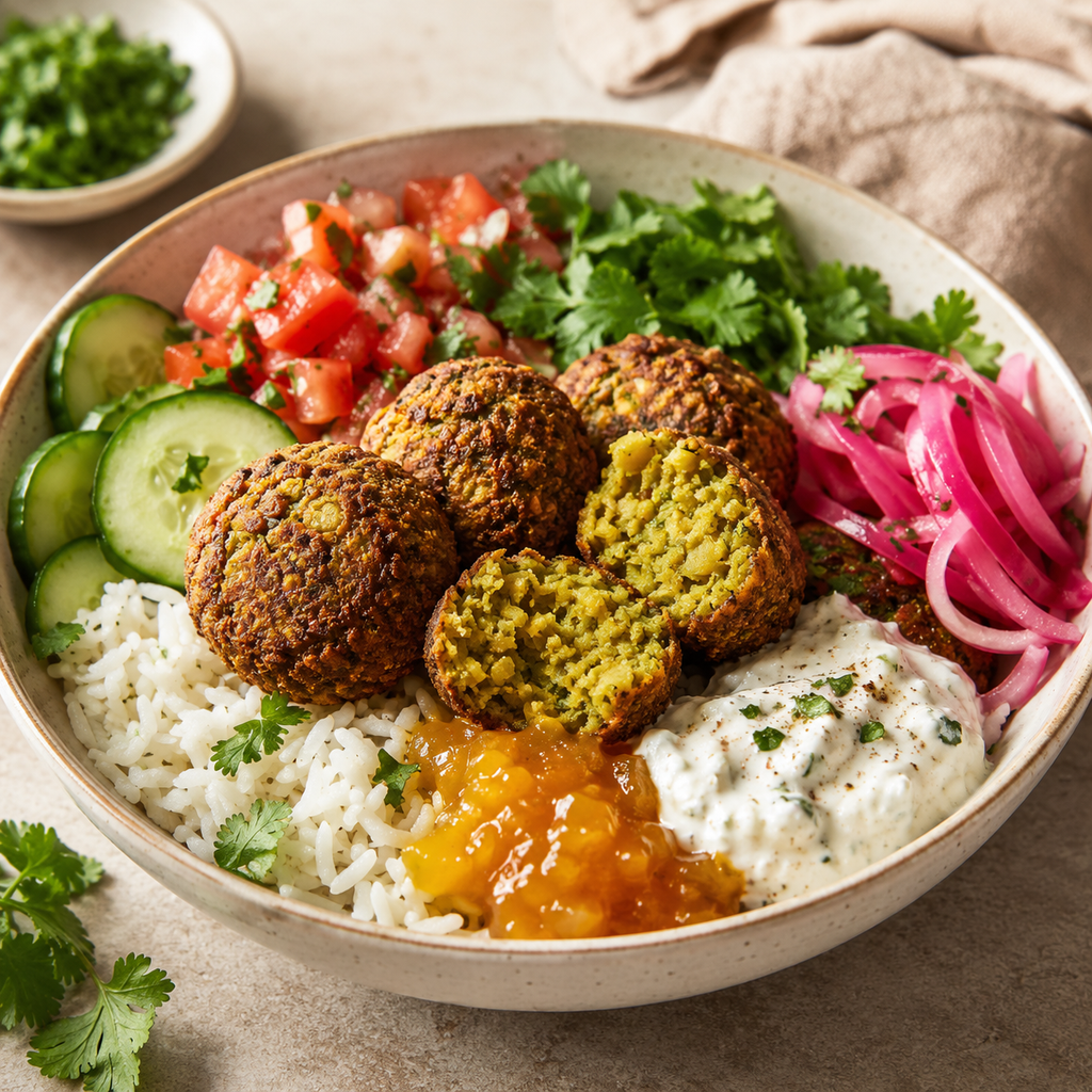 Golden curry falafel grain bowl with basmati rice, cucumber, tomato, cilantro, pickled onion, mango chutney and yogurt tahini