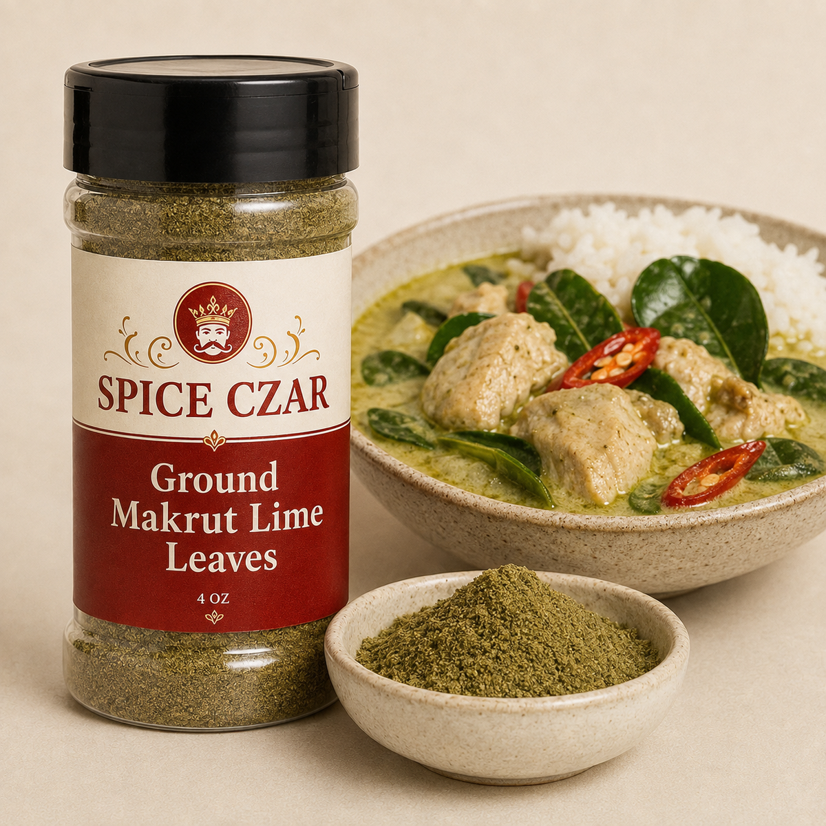 Ground Makrut Lime Leaves 4 oz Spice Czar shaker beside a bowl of green curry with rice and a dish of the ground leaves