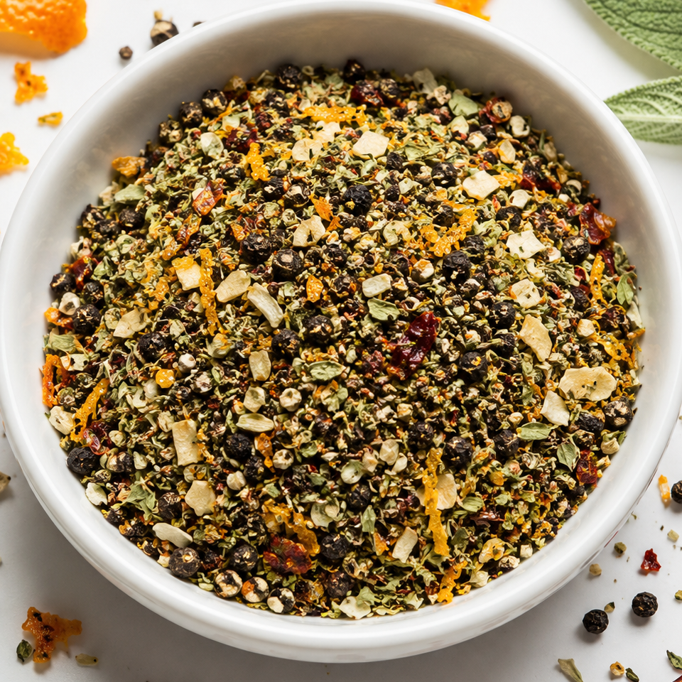Habanero Garlic Pepper in a bowl with black pepper, garlic, orange peel, chile and herbs