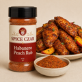 Habanero Peach Rub 4 oz Spice Czar shaker with visible seasoning and serving suggestion