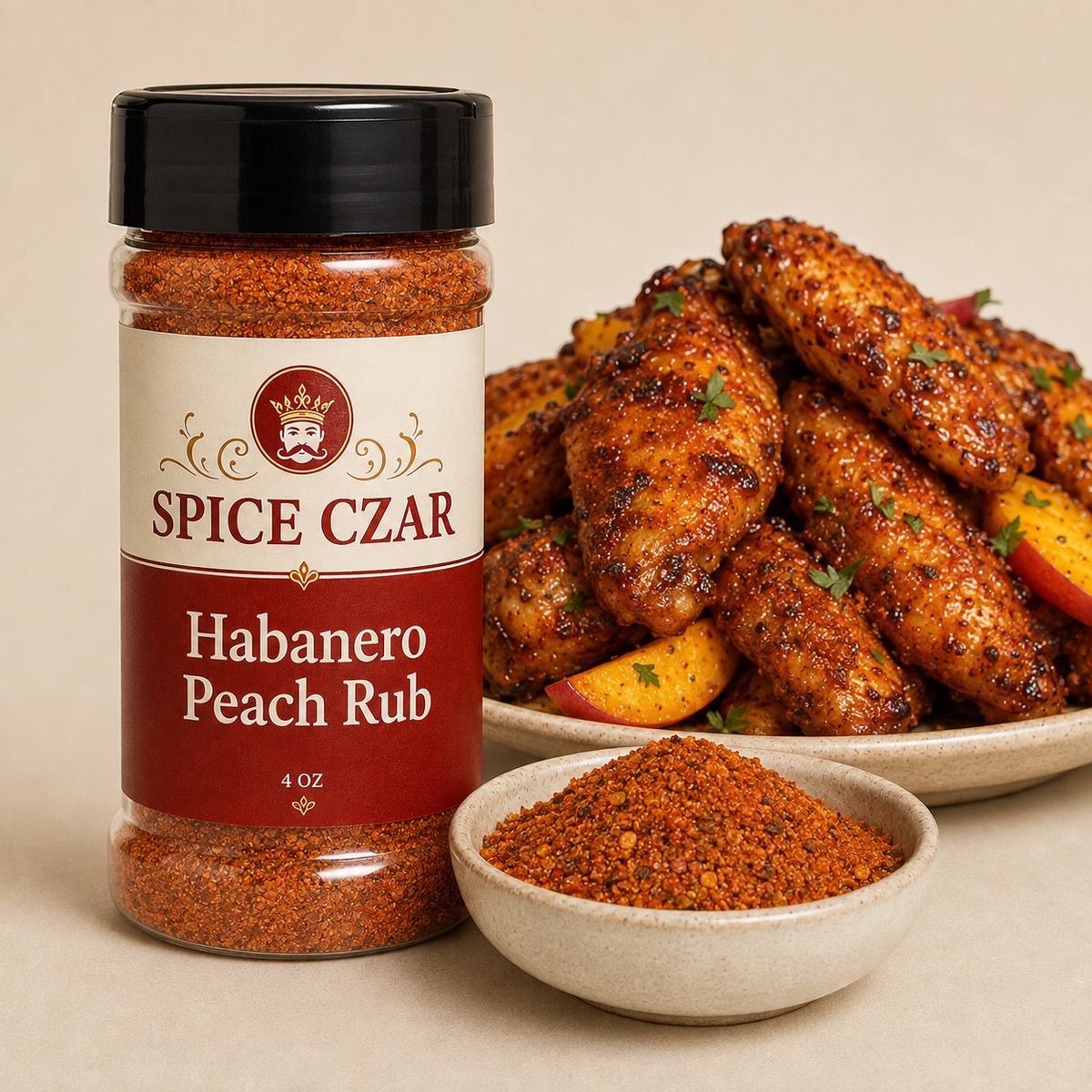 Habanero Peach Rub 4 oz Spice Czar shaker with visible seasoning and serving suggestion