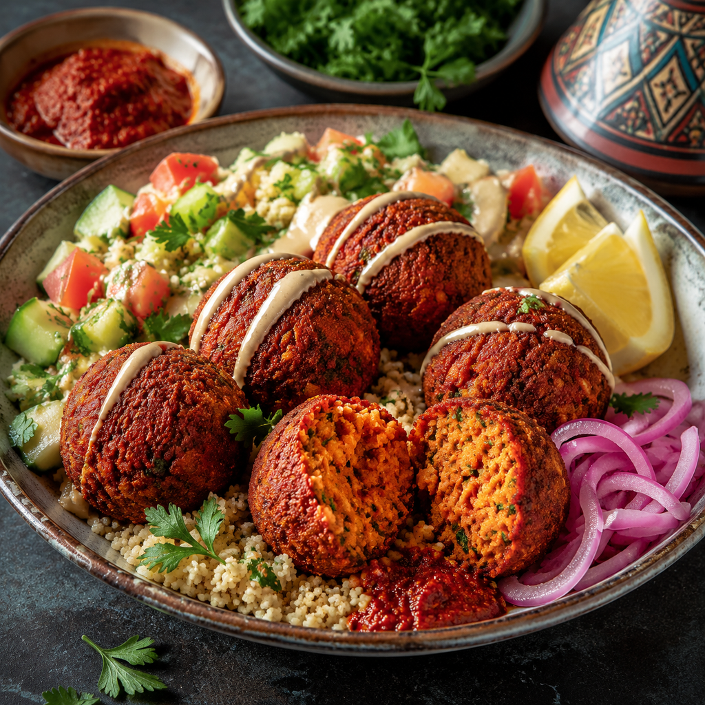 Harissa-spiced falafel bowl with couscous, chopped vegetables, tahini, lemon and pickled onion