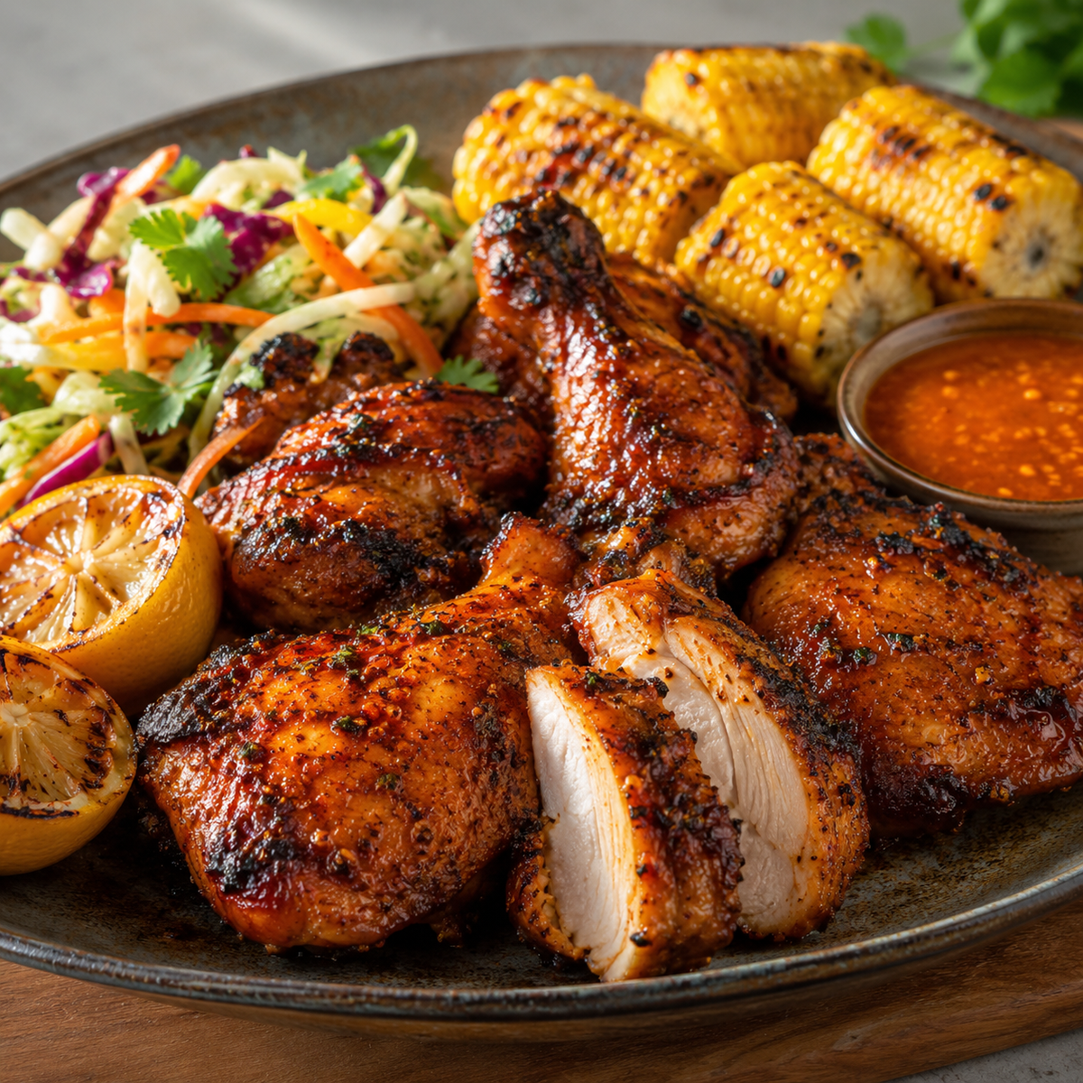 Honey peri peri roasted chicken with caramelized chile-honey crust, grilled lemon, slaw, corn and peri peri sauce