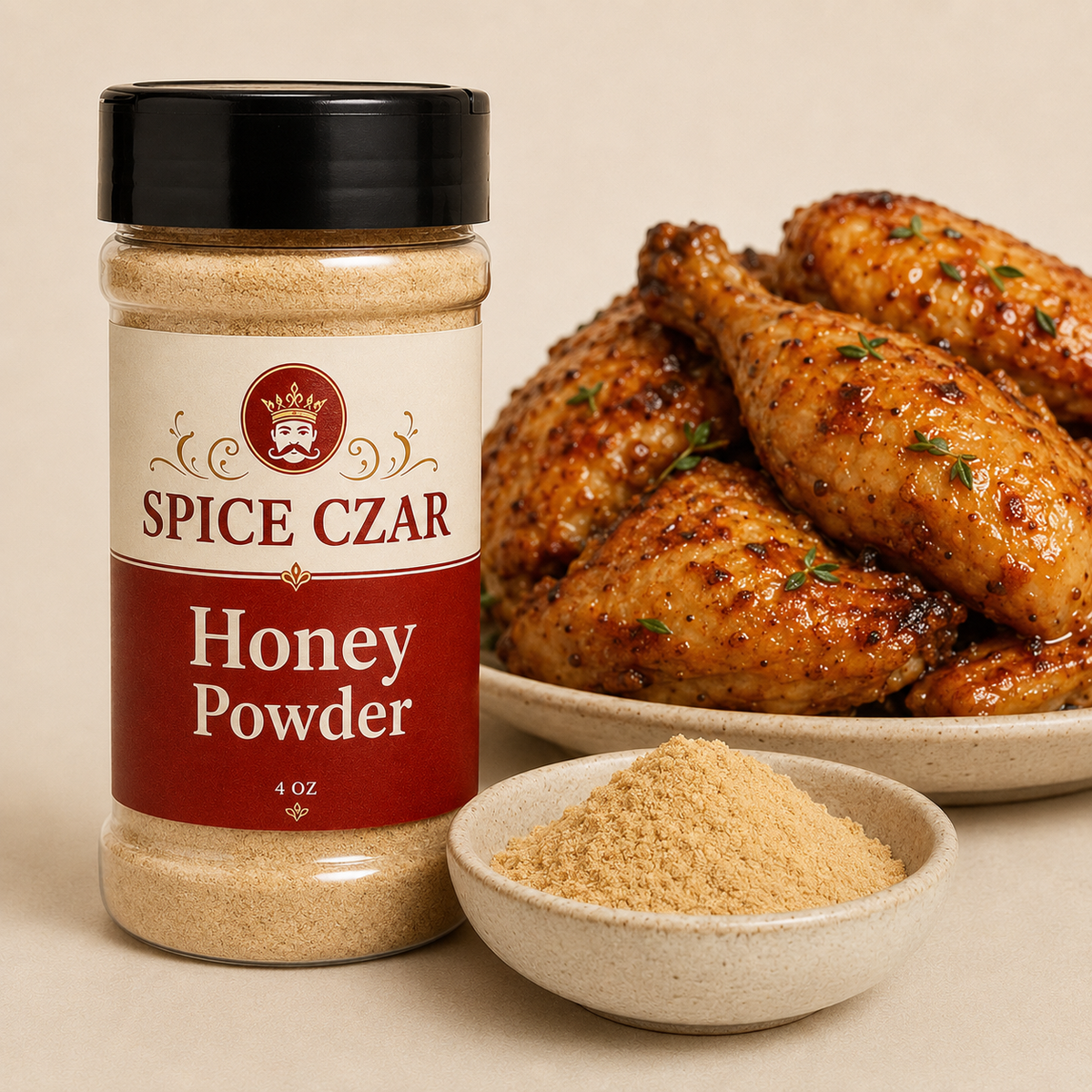 Honey Powder 4 oz Spice Czar shaker with visible product and serving suggestion