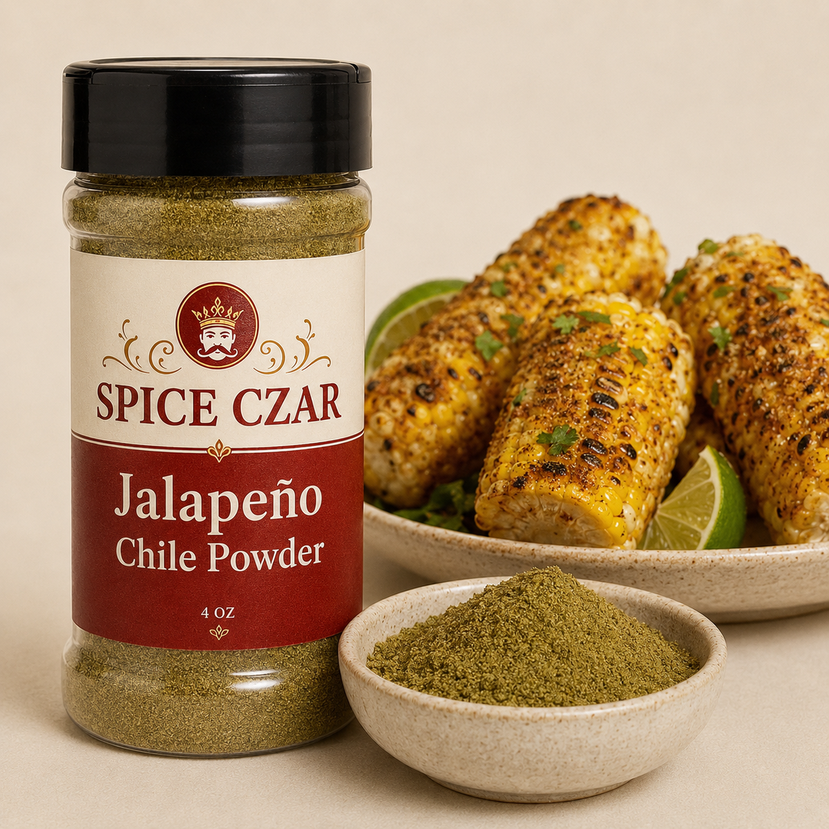 Jalapeño Chile Powder 4 oz Spice Czar shaker with visible product and serving suggestion