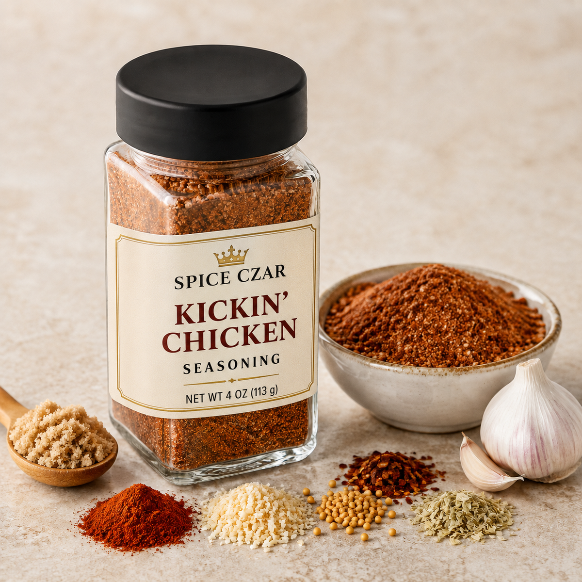 Spice Czar Kickin’ Chicken Seasoning in a labeled 4-ounce clear shaker showing the reddish-brown blend
