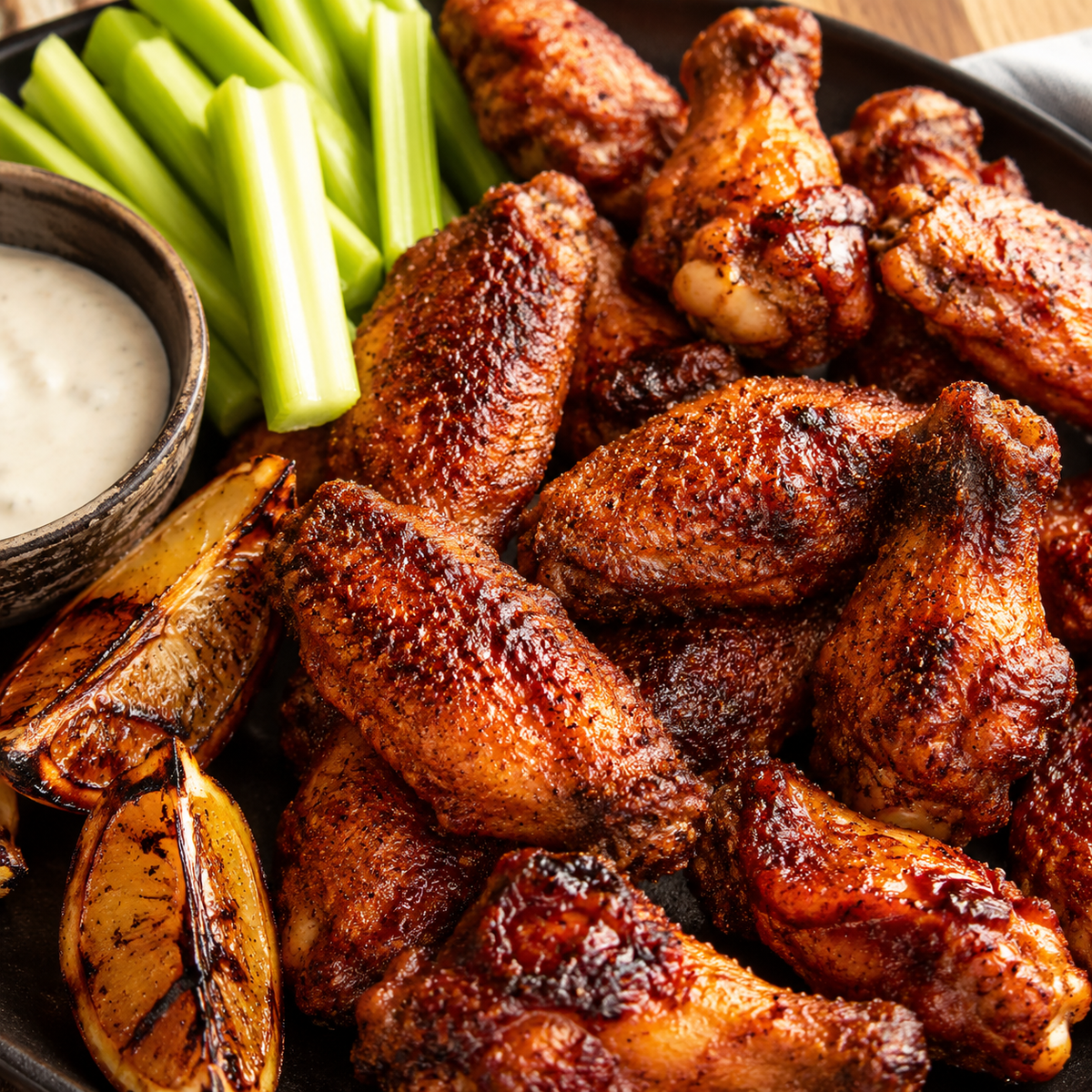 Kickin’ Chicken wings with paprika, mustard, garlic and brown-sugar seasoning, charred lemon, celery and creamy dip